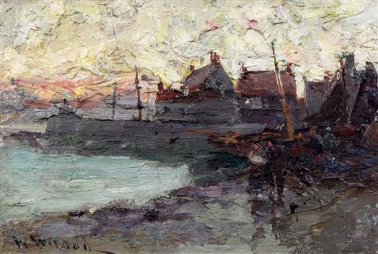 W. Watson Fishing village at sunset, 8 x 12in.